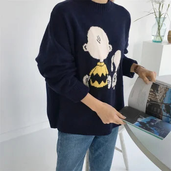 

Women Spring Cute Cartoon Pattern Loose Sweater Batwing Sleeve Casual Pullovers Preppy Style O-Neck Knitted Top