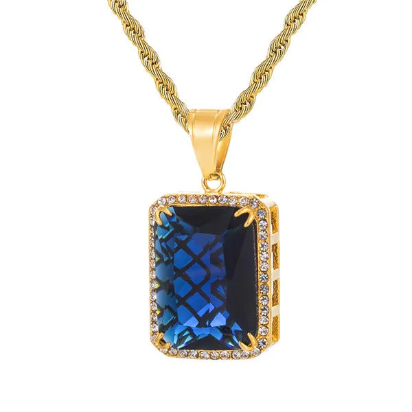 Хип хоп Iced Out Bling квадратный синий красный инкрустированный камнями из нержавеющей стали ожерелье и подвески для мужчин ювелирные изделия с цепочками - Окраска металла: Blue