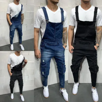 

Fashion Denim Cloth Men Romper Long Trousers with Holes Decor Jeans Men with Large Pocket Men's Jeans Long Trousers