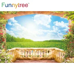 Funnytree Spring Garden Balcony Backdrop Sky Grassland Scenery Party Decoration Wallpaper Photography Background Photo Booth