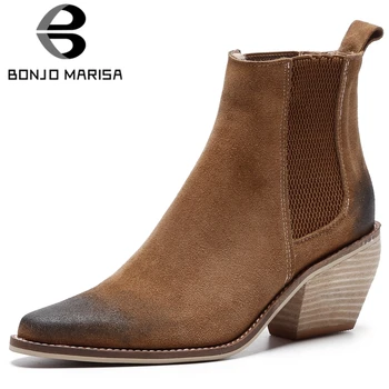 

BONJOMARISA Ladies mixed-color Pointed Toe Chelsea slip-on Genuine Leather Suede Ankle Boots Women High Heels Shoes Woman