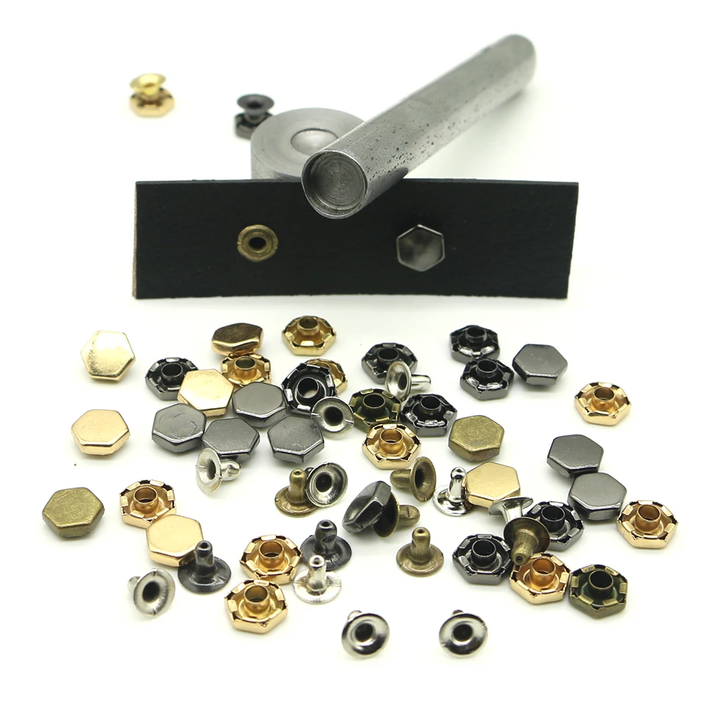 Hexagon 4 color nail kit, leather jacket, jeans, decorative buttons, 8mm rivet fittings D-03