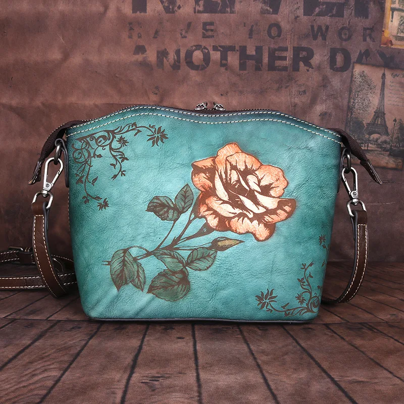 

Small Square Bag Factory Direct Top Layer Cowhide Shoulder Messenger Bag Chinese Style Rose Women Bag
