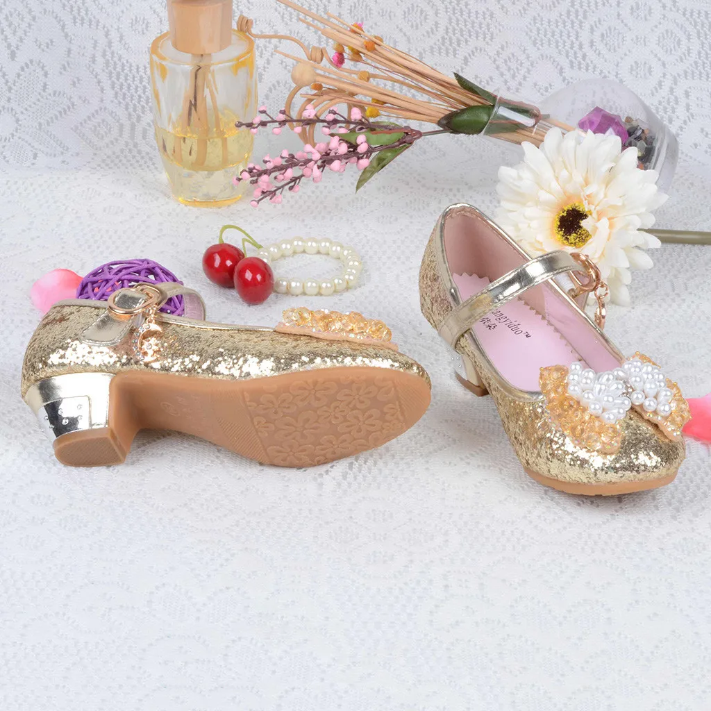 Детская кожаная обувь принцессы; Новинка; обувь для девочек на высоком каблуке; детская обувь с блестками; обувь принцессы для маленьких и средних девочек; обувь для учащихся