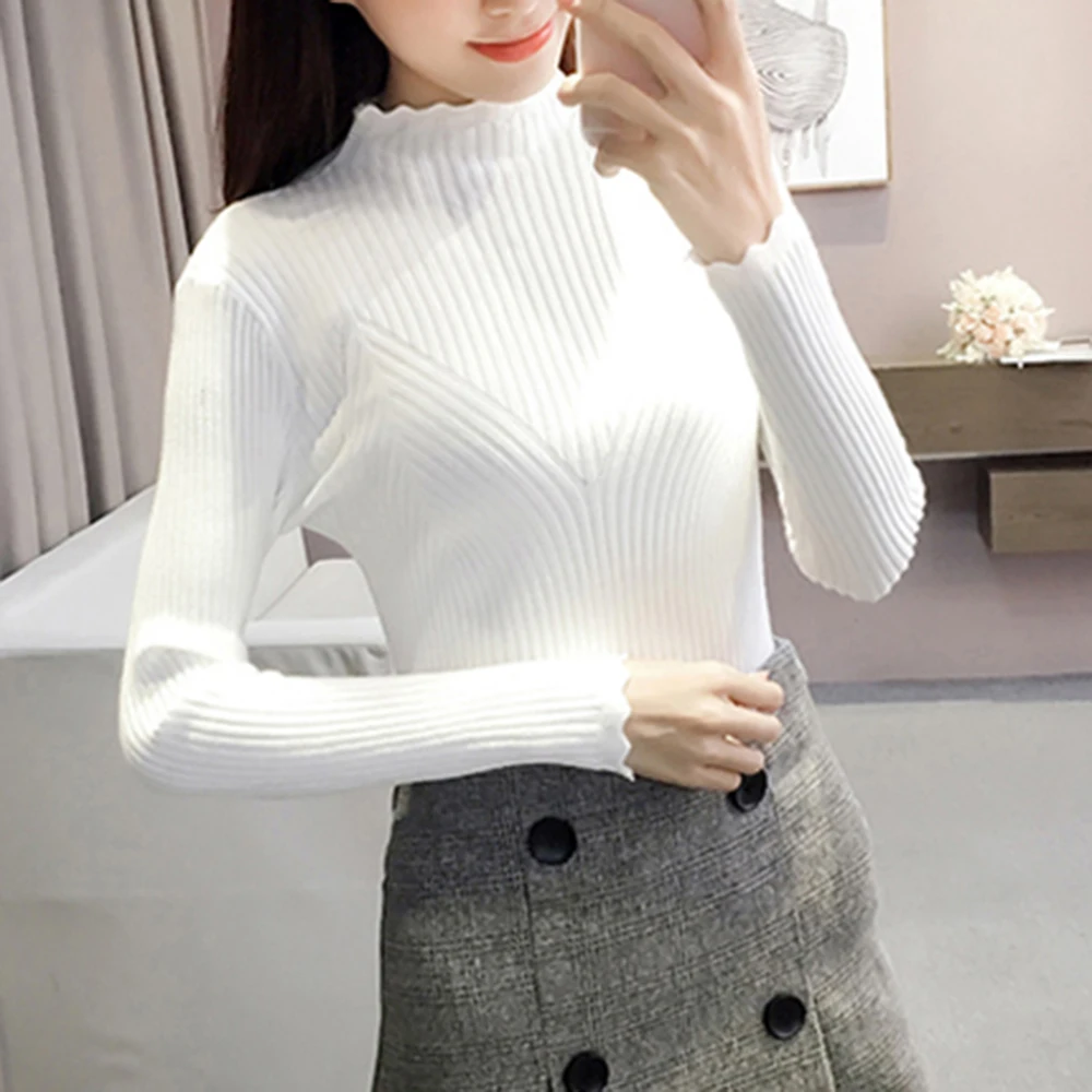 

SFIT New 2019 Autumn Winter Women Sweater Modern High Elastic Knitting Pullover Triangular Cut Collar Jumper Pull Femme