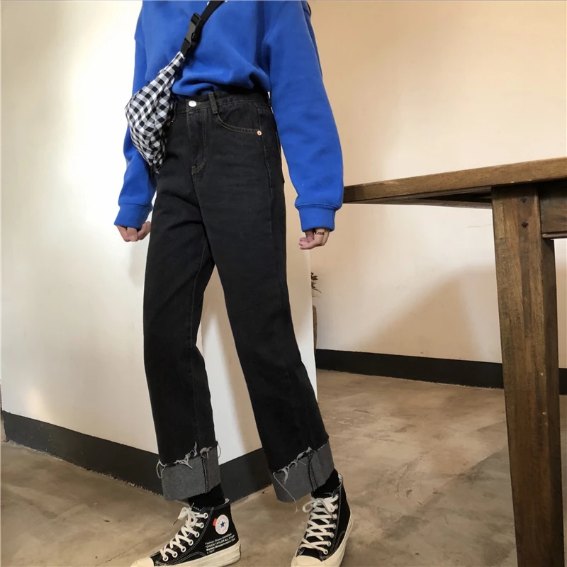 Джинсы женские элегантные уличные Ulzzang универсальные Harajuku Высокая талия корейский стиль Свободные Студенческие женские брюки шикарные повседневные