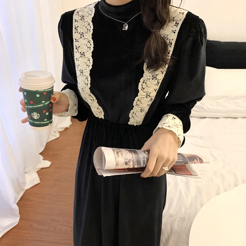 

KUCLUT 2020 New Fashion Winter Women Vintage puff sleeve Loose High Waist Slim Was Thin Lace Lacework Splicing Maxi Dress
