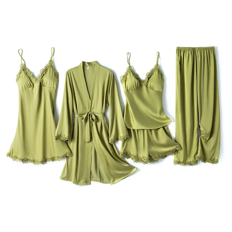 

5PCS Set Pajamas Casual Sleepwear For Women Satin Kimono Robe Gown Lace Patchwork Nightwear Spring Autumn New Pyjamas Suit