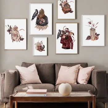 

Nordic Vintage Poster Abstract Figure Plant Animal Wall Art Print Canvas Painting Wall Pictures For Living Room Home Decoration