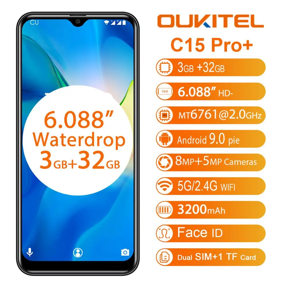  OUKITEL 3GB RAM 32GB ROM Smartphone C15 Pro 6.088'' Android 9.0 Pie MT6761 Waterdrop Fingerprint Fa