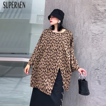 

SuperAen Leopard Women's T Shirts Spring New 2020 Long-sleeved Pluz Size Ladies T Shirts Round Collar Women Clothing