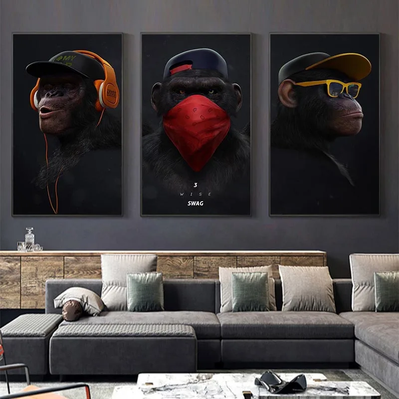 

Funny Thinking Monkey with Headphone Canvas Paintings Wall Art Posters and Print Animal Wall Pictures for Home Living Room Decor