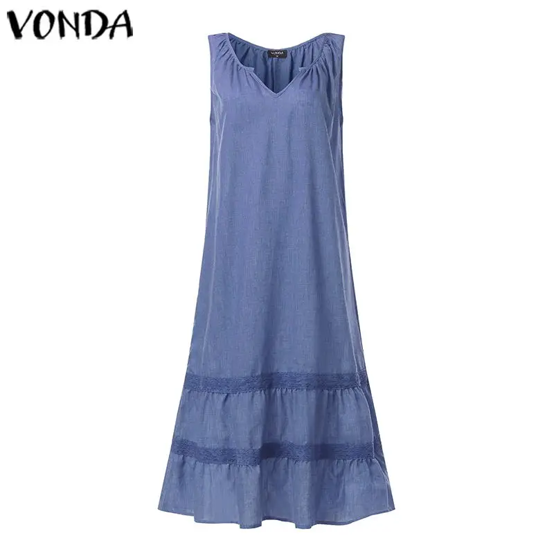 VONDA женское летнее платье больших размеров вечерние Vestido Повседневный свободный халат без рукавов с v-образным вырезом Длинные платья однотонная майка с круглым вырезом платье Сарафан - Цвет: Blue