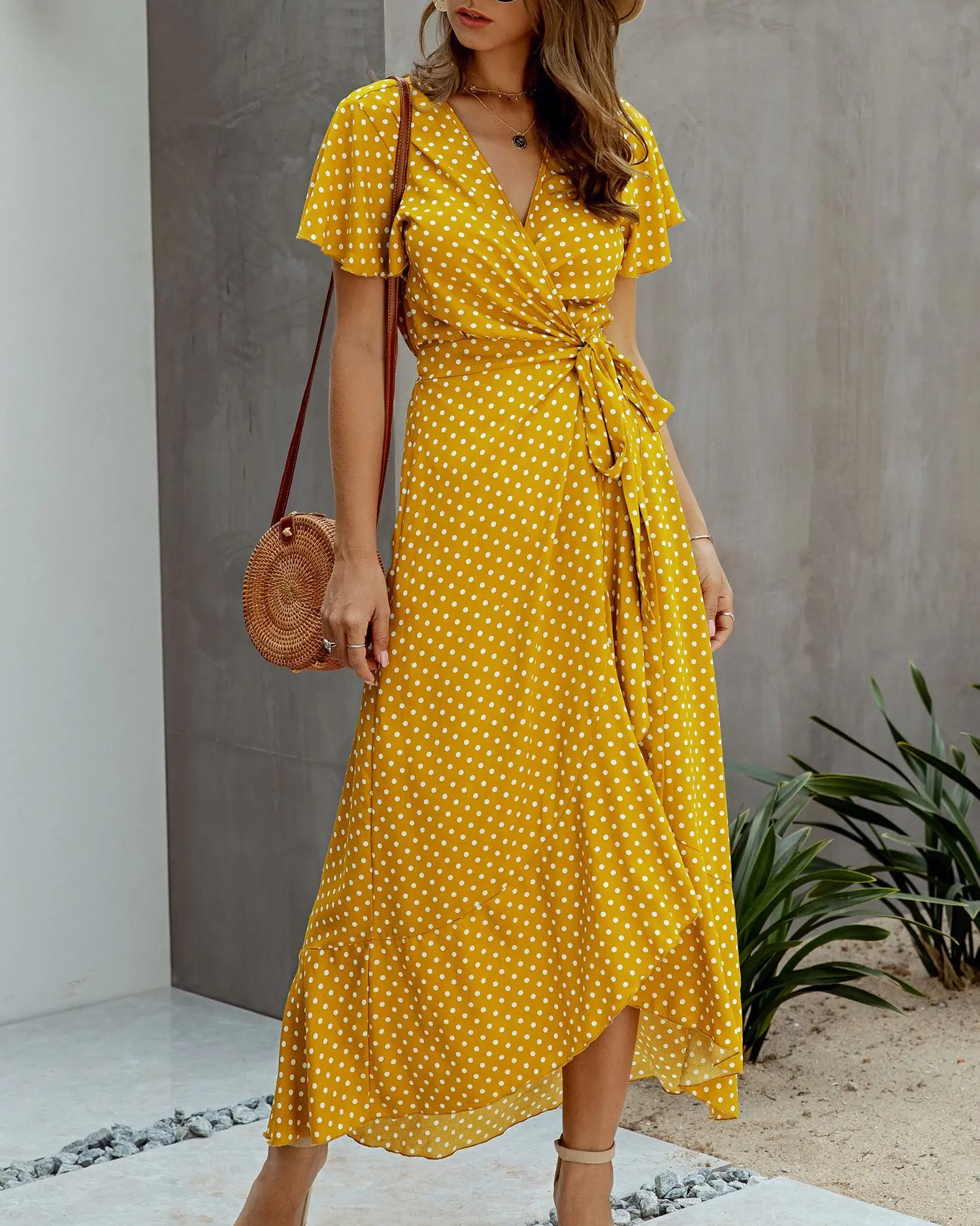 Summer Maxi Dress Women Polka Dot Sexy V Neck Ruffles Short Sleeve Holiday Long Beach Sundress Ladies Lace Up Wrap Party Dresses