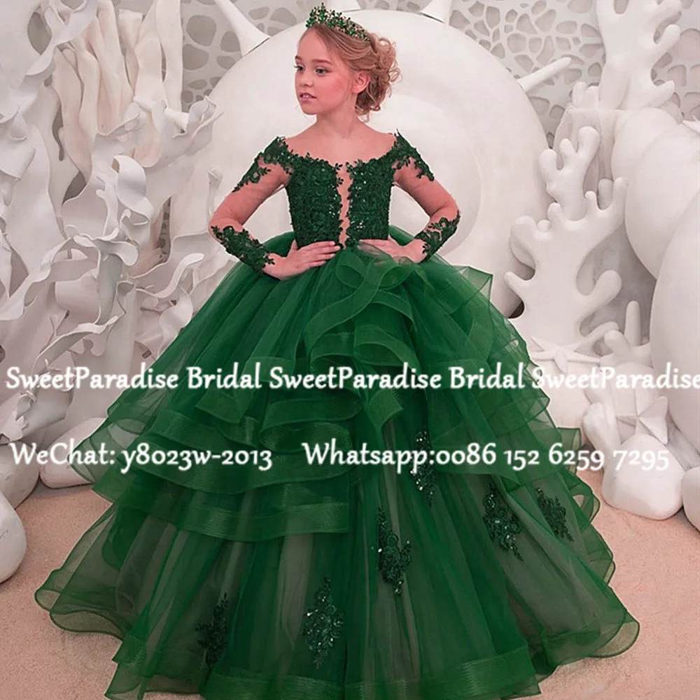 Luxury Green Lace Flower Girls Dresses Sheer Long Sleeves Appliques Beads Tiered Ball Gown Pageant Dress Prom Vestidos
