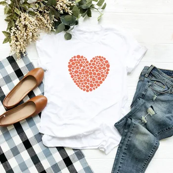 

2020 new women's heart-shaped love printing loose round neck short sleeve t-shirt White