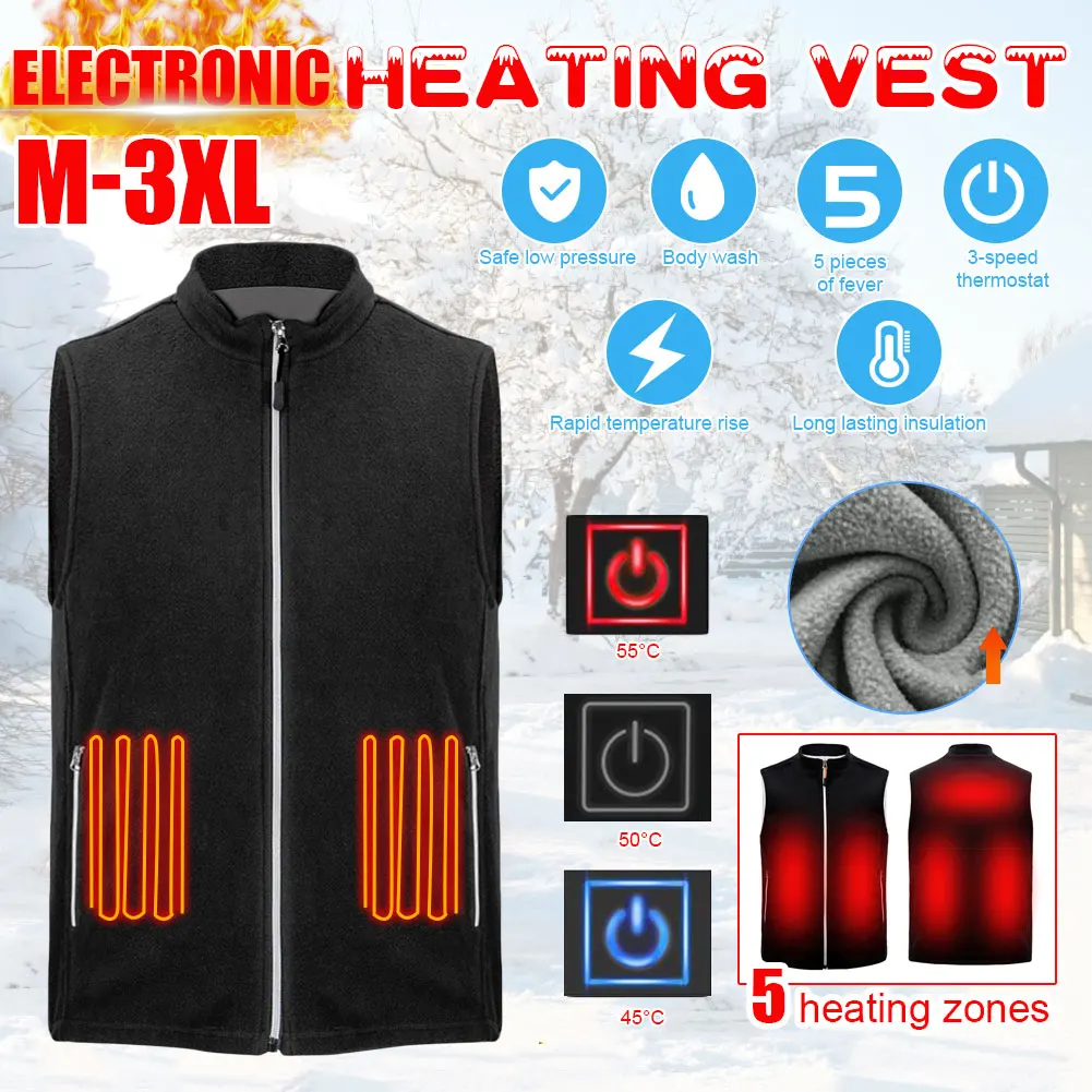 

Warm Fleece Slim Vest Jacket 5 Heating Zones USB Men Winter Electrical Heated Sleevless Jacket Travel Outdoor Waistcoat