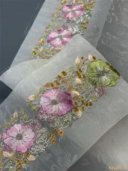 

1pcs High-end Golden embroidery 100% Silk Brocade Silk Embroidered Cheongsam accessories white Fabric Cloth The Flower