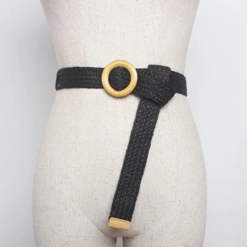Black New Vintage Knitted Wax Rope Wooden Bead Waist Rope Women Smooth Buckle Belt Woman Woven Female Elastic Braided Belt BZ38 - Цвет: Black