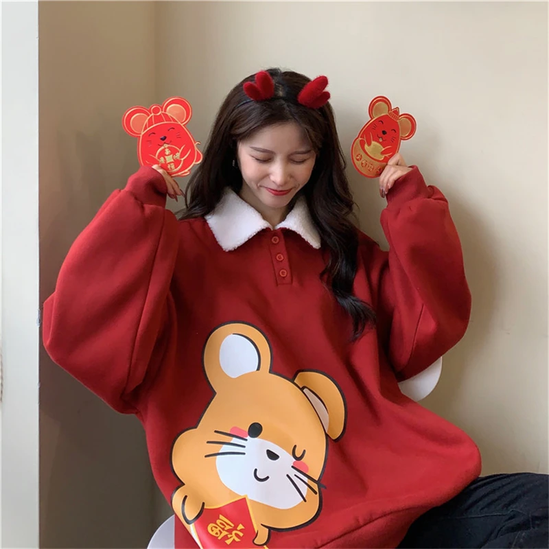 Год толстовки Для женщин милые Мышь Одежда с рисунком для девочек, толстовка в стиле "кэжуал" пуловер с длинными рукавами M-XL женский топ Kawaii