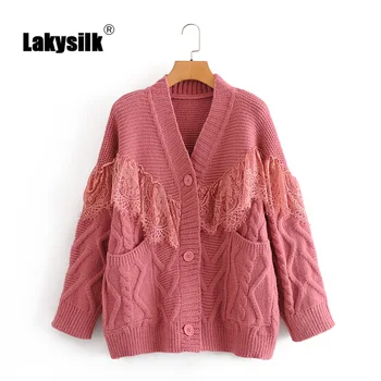 

2020 Autumn Winter Cardigans Women V-neck Lace Big Pockets Elegant Sweater Coat Female Full Sleeve Casual Solid Knitted Cardigan