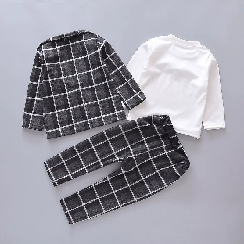 Kids Party Clothing Set Spring Autumn Bow Shirt+Plaid Coat+pants 3pcs Baby Boys Gentleman Clothes For 1-2-3-4Y