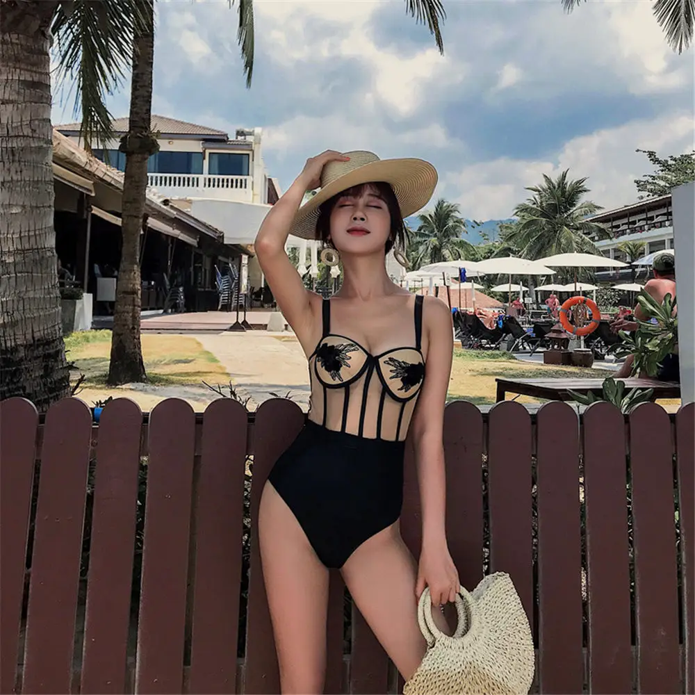 Sexy Lace One Piece Swimsuit Women Solid Swimwear Mesh Floral Monokini Push Up Swim Suit Open Back Bathing Black Trikini |