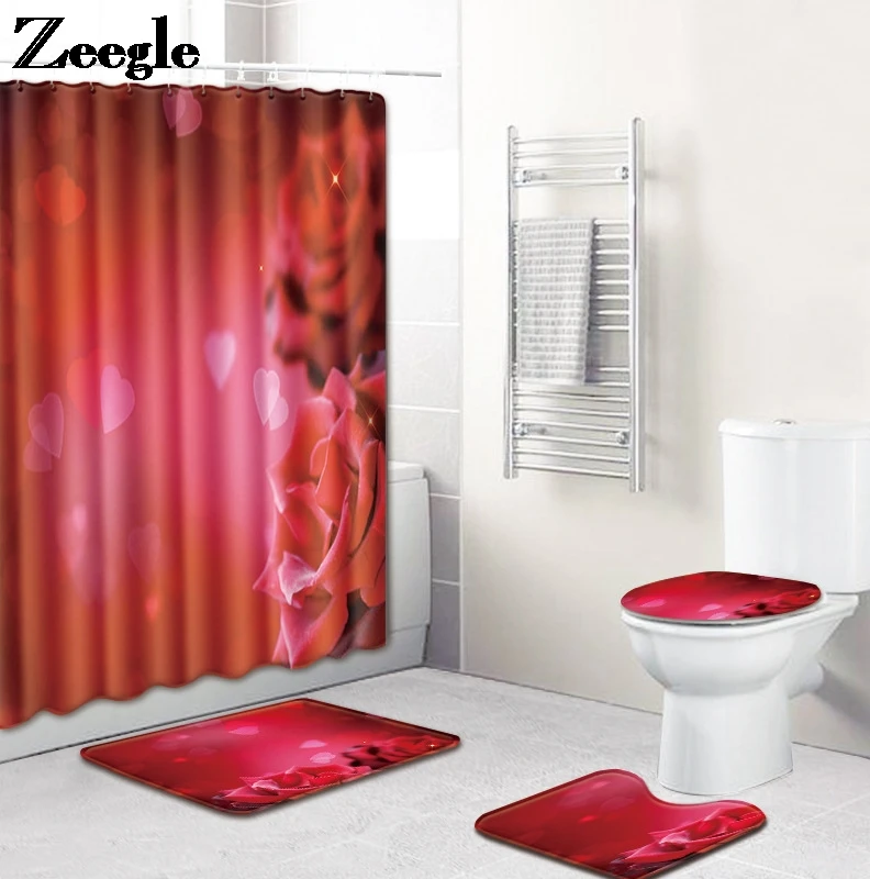 Bathroom Mat Set Toilet Rug Printed Flannel Anti Slip Valentine's Day Home Decor
