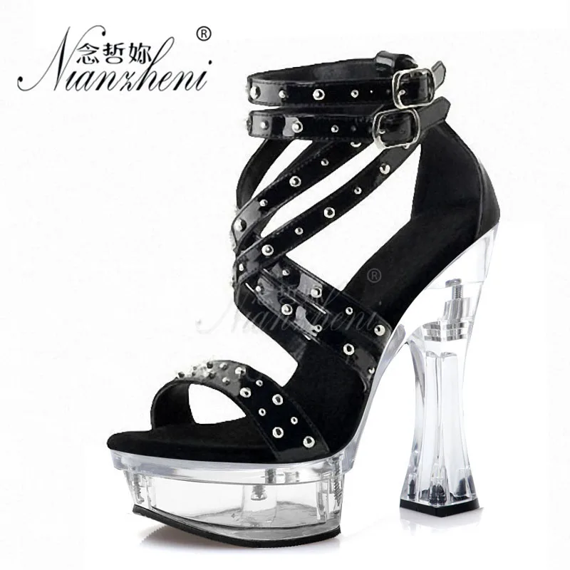 

Novelty14cm Super High heeled shoes Cross dressing Thick platform Hollow Metal Chain Roman Women's Sandals 6 inches Spool heels
