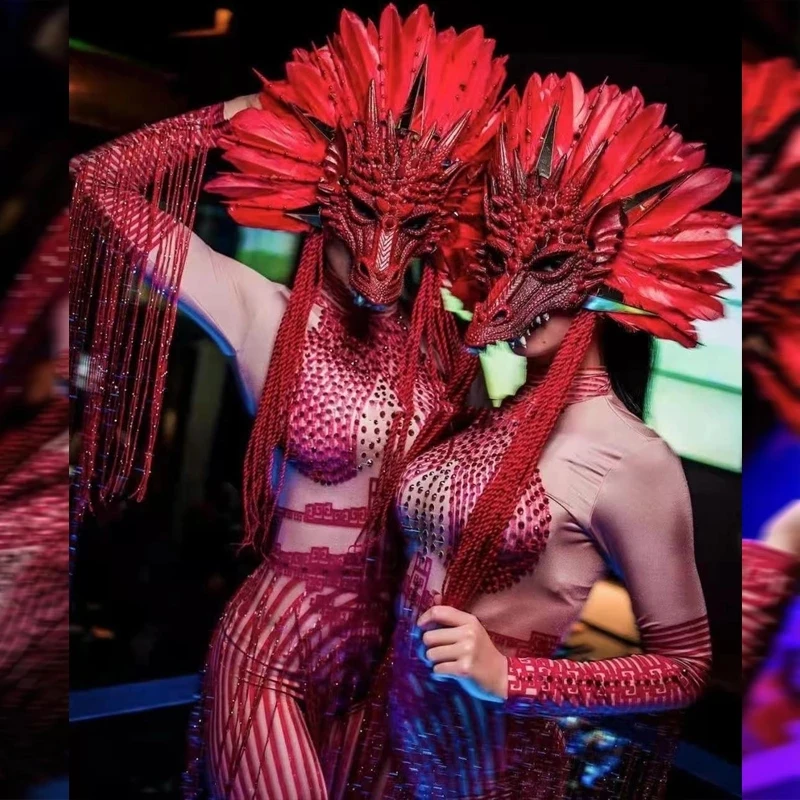 

Red Feather Dragon Headress Chinese Jumpsuit Festival Outfit Nightclub Dj Ds Gogo Dance Cosplay Costume