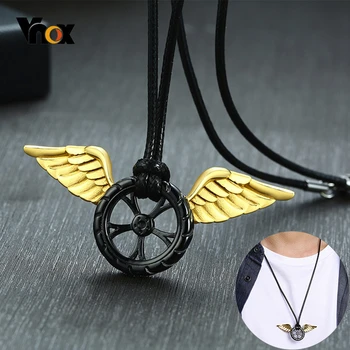

Vnox Stylish Tire Pendant with Angel Wing Men Necklaces Auto Car Lover Jewelry Casual Male Collar