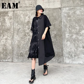 

[EAM] Women Black Tassels Split Big Size Shirt Dress New Lapel Half Sleeve Loose Fit Fashion Tide Spring Summer 2020 1T569