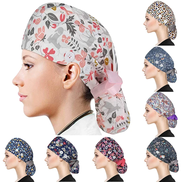 1pc Working Scrubs Cap With Button Sweatband Star Paisley Floral