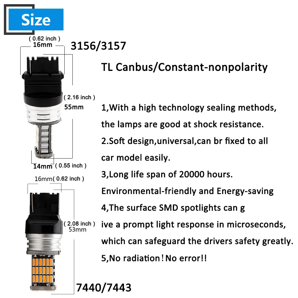 100X Canbus No Error T20 7440 7443 4014 45 SMD 3156 3157 Amber Red White Cars LED Bulbs Turn Signal Parking Reverse Backup Light