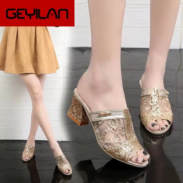 

2018 New Style Versitile Fashion Sandals Summer with Fish Mouth Gauze Chunky-Heel Sandals Sequin Large Size WOMEN'S Shoes