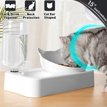 

2 In 1 Pet Feeding Bowl Cat Ears Shaped Oblique Double Bowls Drinking Fountain Leak Proof Cervical Neck Protection For Cat Dog