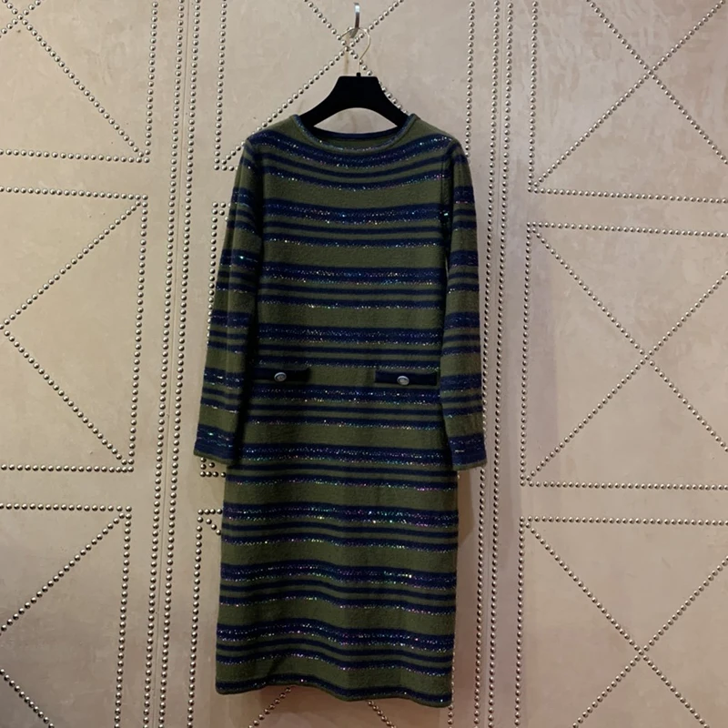 

2020 Runway Dress Designer Dress for Women Elegant Long Sleeve Hit Color A-line Casual Knit Sweater Dresses Vestidos