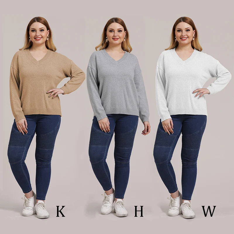 X 2019 Autumn Winter Large Size Loose Thin Section V-neck Knit Sweater Long-sleeved Pullover Women jersey mujer pull femme | Женская