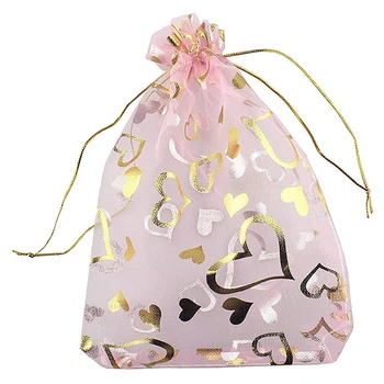 

100 PCS 9X12cm Heart Printed Pink Organza Bags Jewelry Pouch Bags Organza Drawstring Pouches Wedding Favors Candy Gift Bags