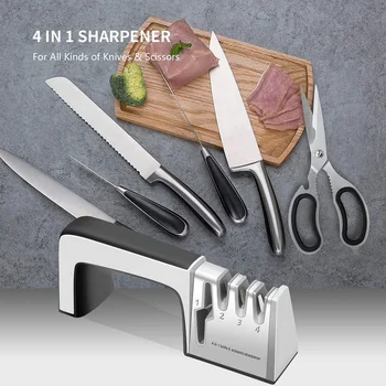 

Hot Knife Sharpener 4 in 1 Diamond Coated&Fine Rod Knife Shears and Scissors Professional Kitchen Sharpening Stone System