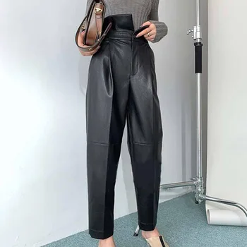 

2020 Autumn Winter New Pattern Black High Waisted Leather Pants Fashionable Relaxed Leisure Turnip Fold Small Feet Tapered