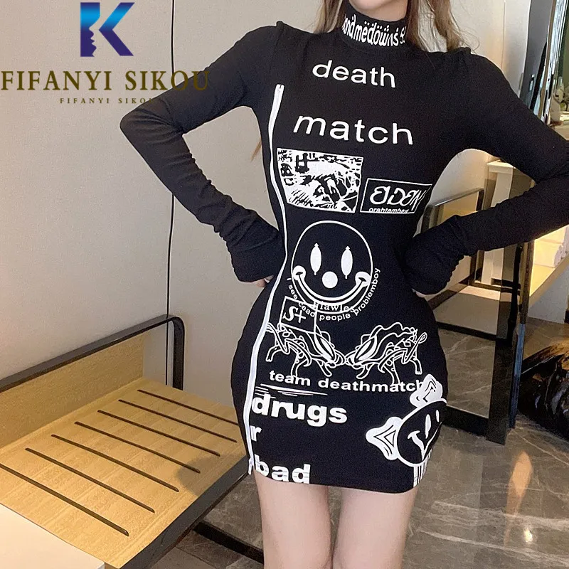 

Black Knit Dress Women Fashion Print Turtleneck Sexy Split High Waist Short Dress Female Autumn Slim Sheath Dress Streetwear