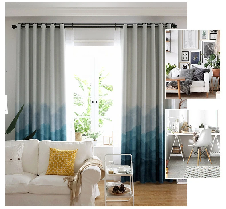 Tiyana Blackout Curtains For Living Room Blue Gradient Curtain Bedroom Window Treatment Panel Elegant White Sheer Tulle HP62X