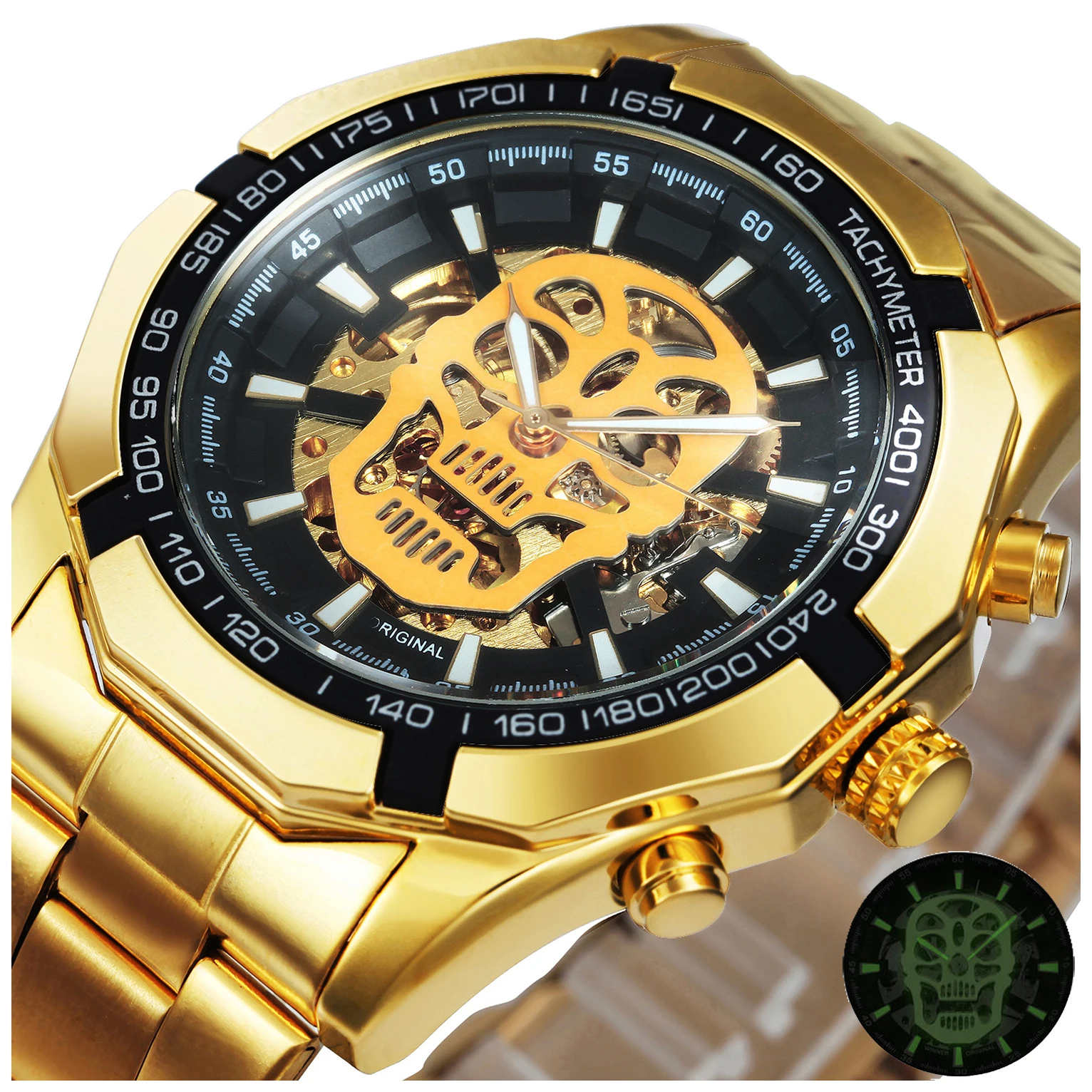 WINNER Official Automatic Gold Watch Men Fashion Skeleton Mechanical Skull Watches Top Brand Luxury Steel Band