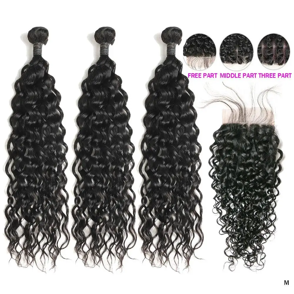 Brazilian Water Wave Bundles With Closure Real Human Hair Non-Remy Lace Extensions |
