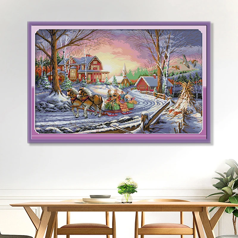 

Chinese Cross Stitch Kit Winter Travel Two White Horses Pattern Clear Printed Cloth 14CT11CT DIY Hand-embroidered Decorative Pai
