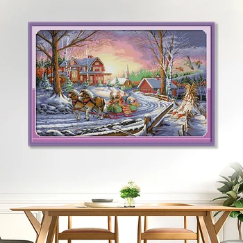 

Chinese Cross Stitch Kit Winter Travel Two White Horses Pattern Clear Printed Cloth 14CT11CT DIY Hand-embroidered Decorative Pai