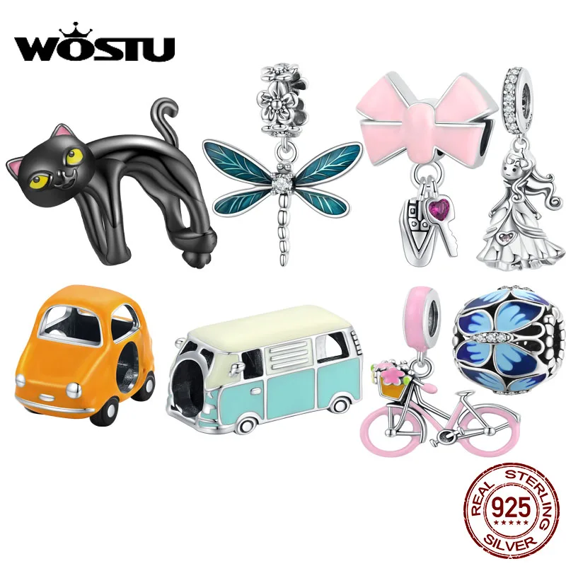 

WOSTU Authentic Original 925 Sterling Silver black Cat Dragonfly Car Key Charm Beads for Women Bracelet & Bangle Jewelry Making