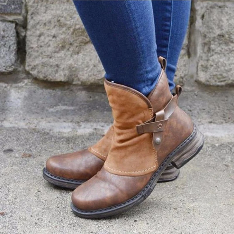 2020 Winter Women Ankle Boots Warm Plush Leather Fashion Big Size Patchwork Zip Buckle Low Heel Women