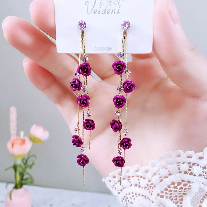Dangle Acrylic Chiffon Petal Earrings - Long Rose Flower Statement Earrings For Women - View #3